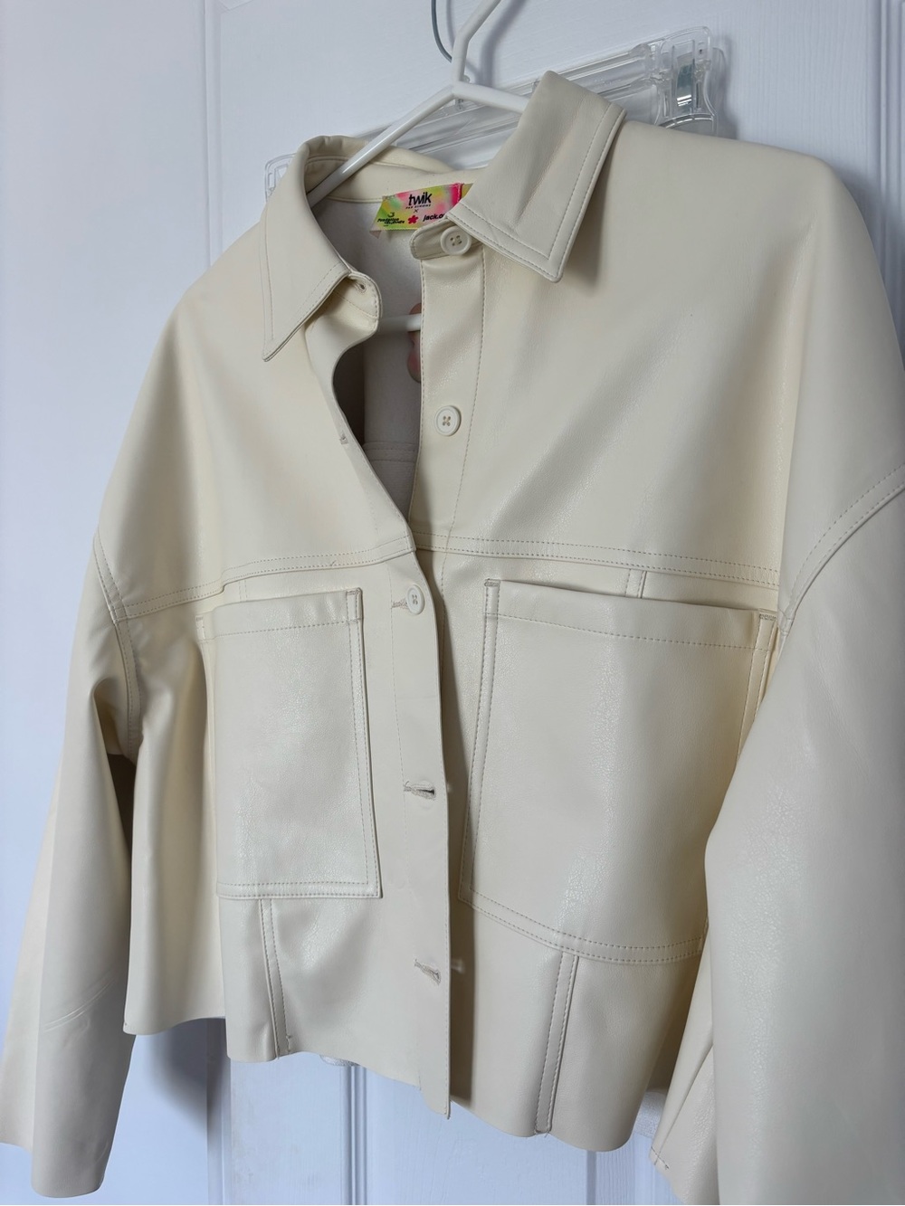 twik Cream Vegan Leather Boxy Jacket